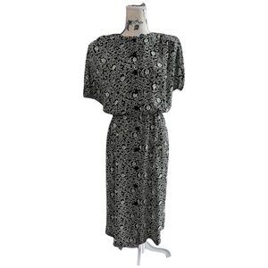 Vintage‎ S.L. Fashions Black White Leaf Print Midi Dress | Size 14 | Made in USA